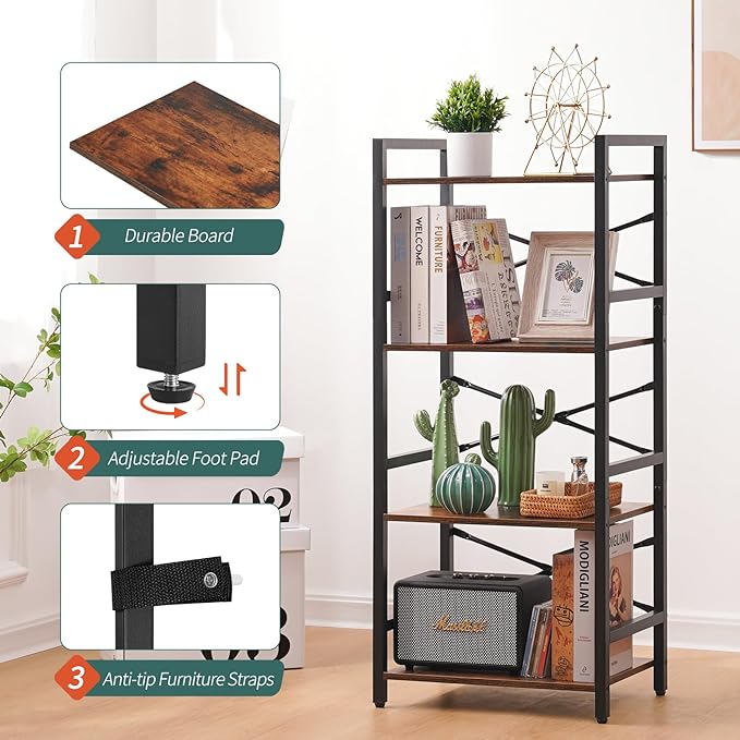 Yoobure 4 Tier Bookshelf - Small Book Shelf Industrial Bookcase, Narrow Book Case Book Storage Organizer for CD/Movie/Book, Bookshelves for Bedroom Office Living Room Berry Brown - LeafyLoom