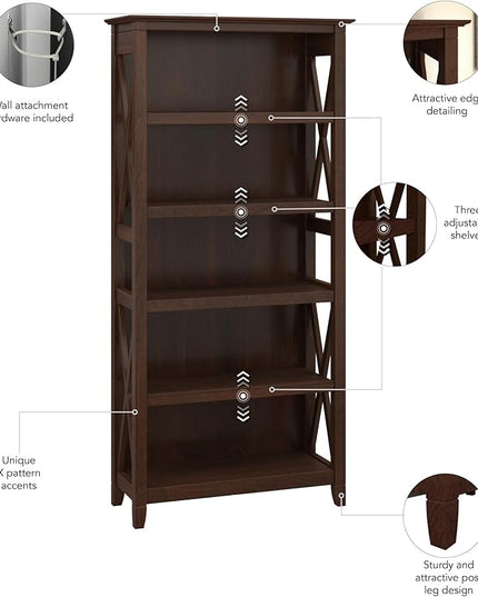 Bush Furniture Key West Tall 5 Shelf Bookcase in Bing Cherry - LeafyLoom