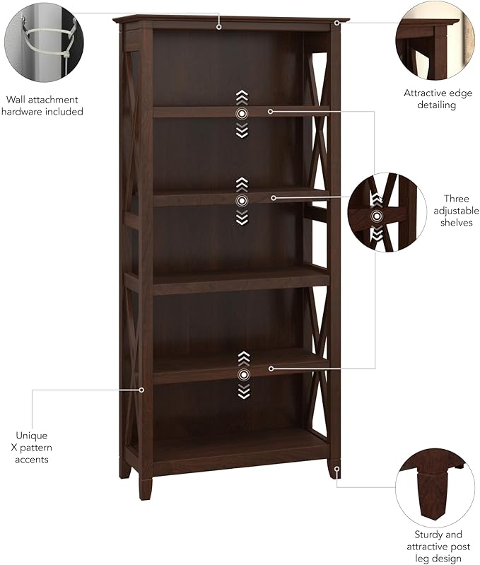 Bush Furniture Key West Tall 5 Shelf Bookcase in Bing Cherry - LeafyLoom