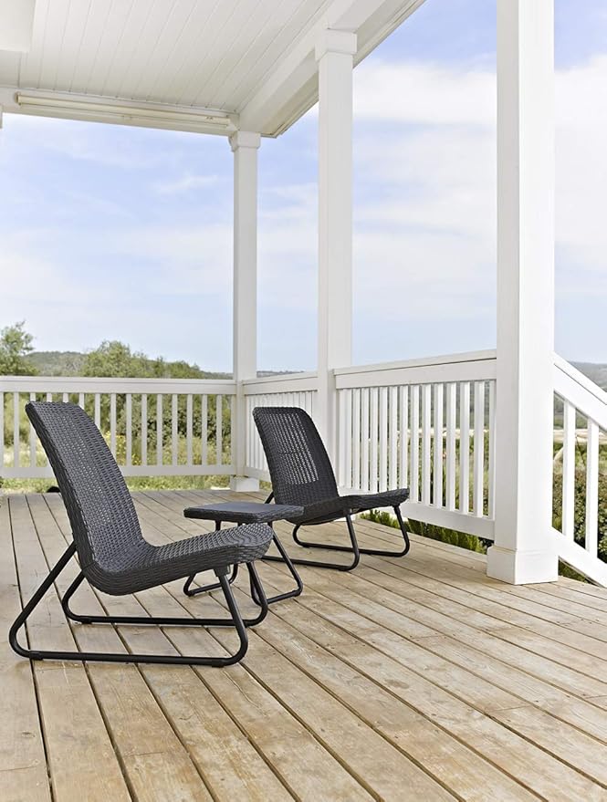 Keter Rio 3 Piece Resin Wicker Patio Furniture Set with Side Table and Outdoor Chairs, Dark Grey - LeafyLoom