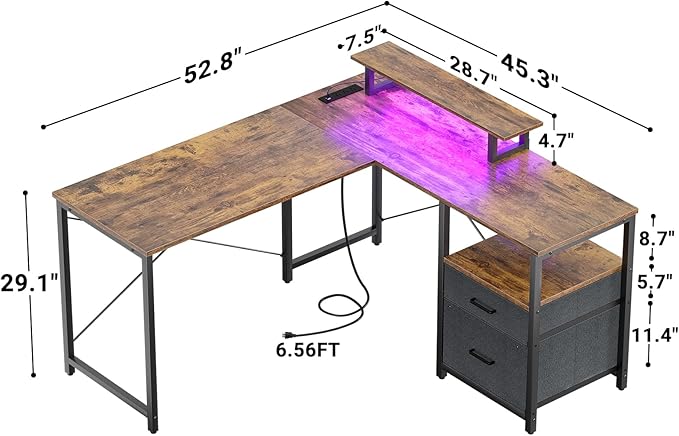 Homieasy L Shaped Computer Desk with Storage File Drawer, Reversible Home Office Desk with Recessed Power Strip and Led Strip, Corner Gaming Desk Work Study Table with Monitor Stand, Rustic Brown - LeafyLoom