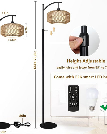 Arc Floor Lamps for Living Room, Dimmable Rattan Floor Lamp with Remote & LED Bulb, Mid Century Modern Standing Lamp with Double Shades, Boho Farmhouse Tall Pole Lamps for Bedroom Office - LeafyLoom