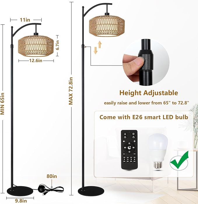 Arc Floor Lamps for Living Room, Dimmable Rattan Floor Lamp with Remote & LED Bulb, Mid Century Modern Standing Lamp with Double Shades, Boho Farmhouse Tall Pole Lamps for Bedroom Office - LeafyLoom