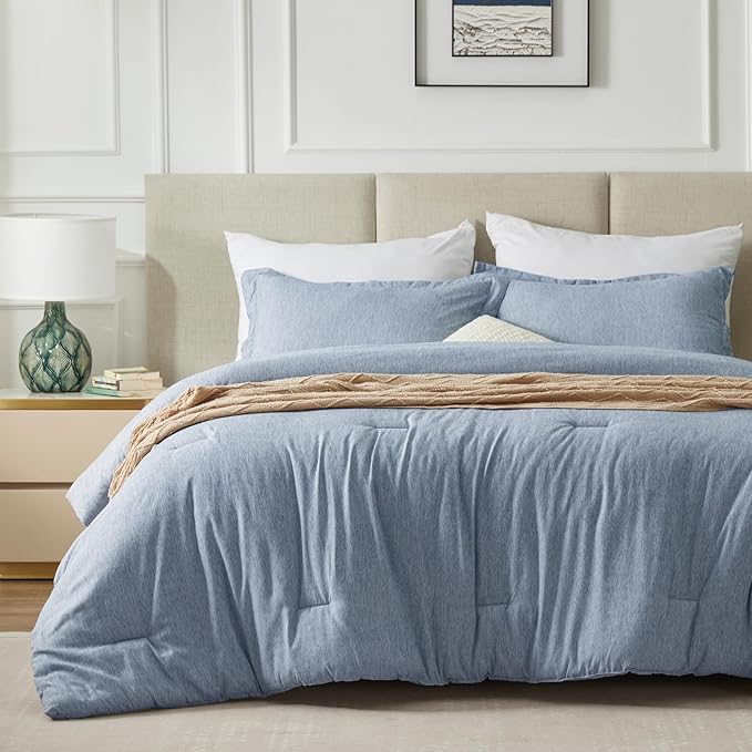 CozyLux Full Size Comforter Set - 3 Pieces Blue Soft Luxury Cationic Dyeing Bedding Comforter for All Season, Breathable Lightweight Fluffy Bed Set with 1 Comforter and 2 Pillow Shams - LeafyLoom