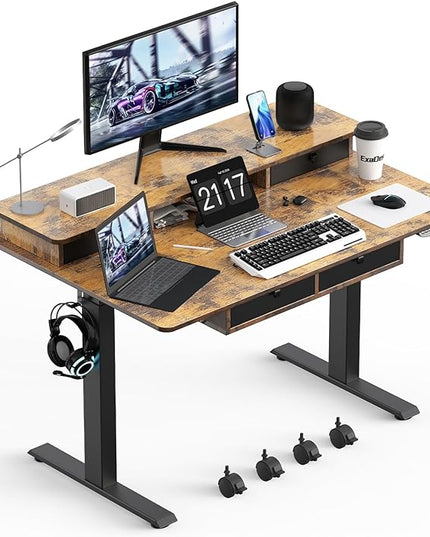48 * 30 Inches Electric Standing Widened Desk Adjustable Height with 4 Drawers, Double Storage Shelves Stand Up Desk, Home Office Workstation Sit Stand up Desk (Rustic Brown) - LeafyLoom
