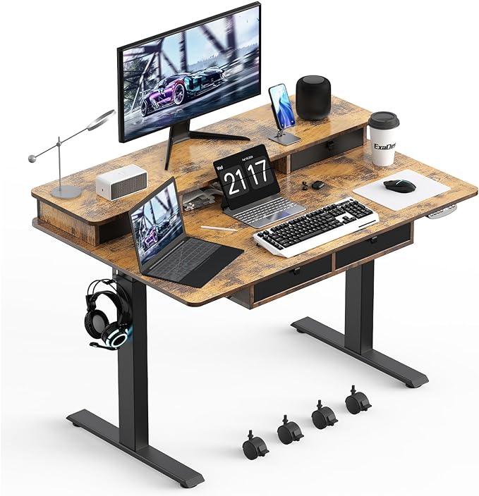 48 * 30 Inches Electric Standing Widened Desk Adjustable Height with 4 Drawers, Double Storage Shelves Stand Up Desk, Home Office Workstation Sit Stand up Desk (Rustic Brown) - LeafyLoom