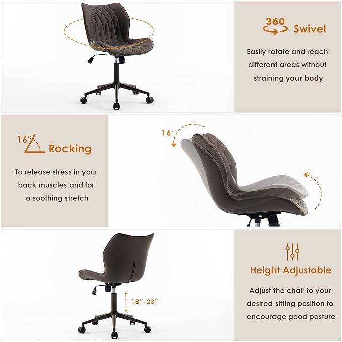 YOUNUOKE Office Desk Chair, Comfy Home Office Chairs, Small Comfortable Desk Chairs with Wheels, Armless PU Leather Chairs for Computer Conference, Brown - LeafyLoom