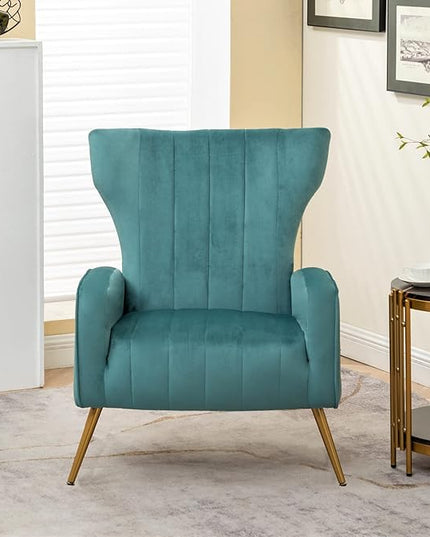Armchair Modern Velvet Accent Chair, Channel Tufted Bedroom, Office or Living Room Furniture with Elegant Metal Legs, Teal - LeafyLoom
