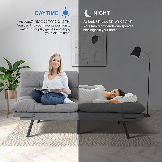 MUUEGM Futon Sofa Bed,Convertible Memory Foam Futons Couch Bed,Folding Sofa Bed Sleeper Couch Loveseat for Living Room,office,Apartment,Small Space,Adjustable Backrest Armrests,Light Grey - LeafyLoom