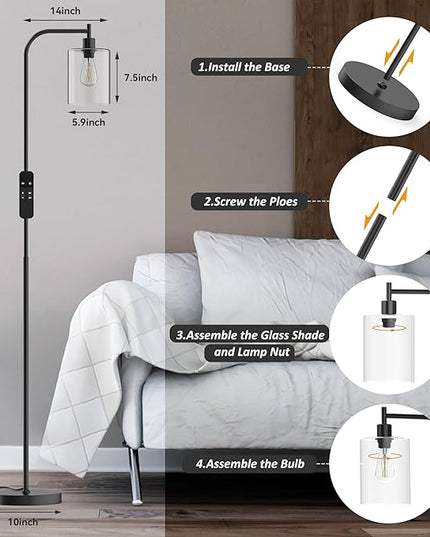 PAZZO LED Floor Lamp, Industrial Standing Lamp with Glass Lampshade, Ideal for Living Room, Bedroom, and Office, Matte Black Finish (includes Remote Control) - LeafyLoom