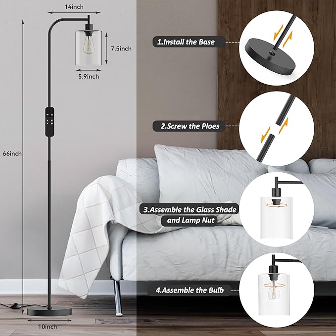 PAZZO LED Floor Lamp, Industrial Standing Lamp with Glass Lampshade, Ideal for Living Room, Bedroom, and Office, Matte Black Finish (includes Remote Control) - LeafyLoom