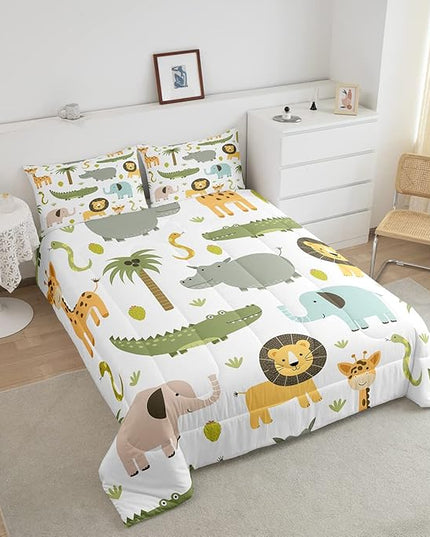 Feelyou Wild Animals Comforter Set Safari Animals Print Comforter for Boys Girls Teens Cute Hippo Crocodile Lion Bedding Set Kids Cartoon Elephant Giraffe Duvet Set Room Decor Quilt Set Twin Size - LeafyLoom