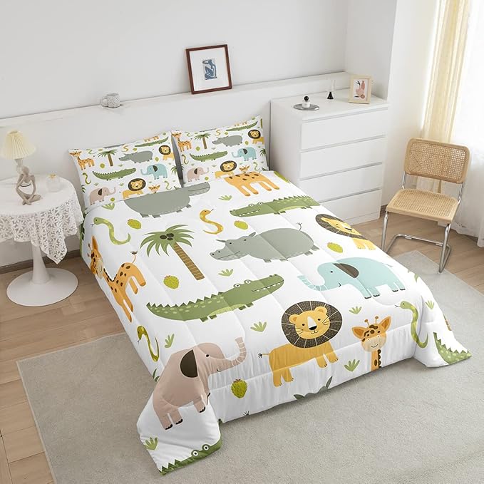 Feelyou Wild Animals Comforter Set Safari Animals Print Comforter for Boys Girls Teens Cute Hippo Crocodile Lion Bedding Set Kids Cartoon Elephant Giraffe Duvet Set Room Decor Quilt Set Twin Size - LeafyLoom