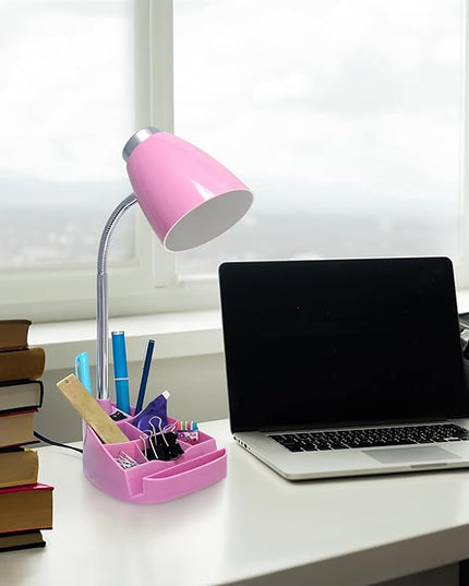 Simple Designs LD1067-PNK Compartmental Desk Lamp with iPhone/iPad/Tablet Stand, Bendable Gooseneck, for Office, Living Room, Nightstand, Library, Entryway, Pink - LeafyLoom