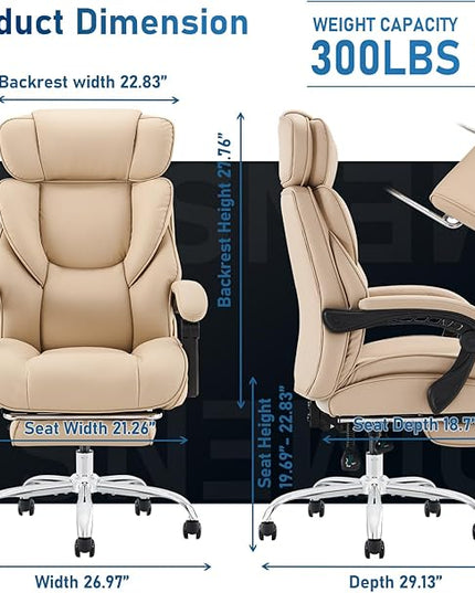 Office Chair with Footrest-Ergonomic Desk Chair with Adjustable Headrest and Lumbar Support Pillow, High Back Executive Computer Chair, Large Home Office Work Chair with Wide Seat for Comfort-Khaki - LeafyLoom