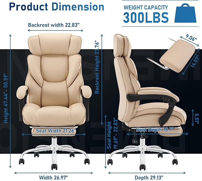 Office Chair with Footrest-Ergonomic Desk Chair with Adjustable Headrest and Lumbar Support Pillow, High Back Executive Computer Chair, Large Home Office Work Chair with Wide Seat for Comfort-Khaki - LeafyLoom