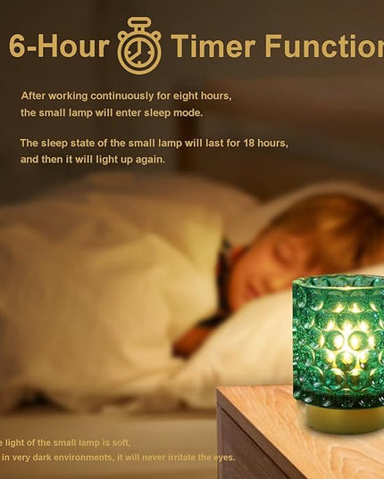 Battery Operated Table Lamp with Timer, 4.7" Tall Round Small Lamps, Cordless Crystal Night Light,Battery Powered Bedside Lamp, for Corner/Living Room/Bedroom/Tabletop, Green - LeafyLoom