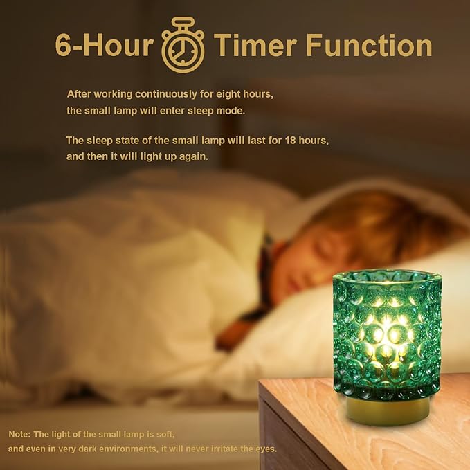 Battery Operated Table Lamp with Timer, 4.7" Tall Round Small Lamps, Cordless Crystal Night Light,Battery Powered Bedside Lamp, for Corner/Living Room/Bedroom/Tabletop, Green - LeafyLoom