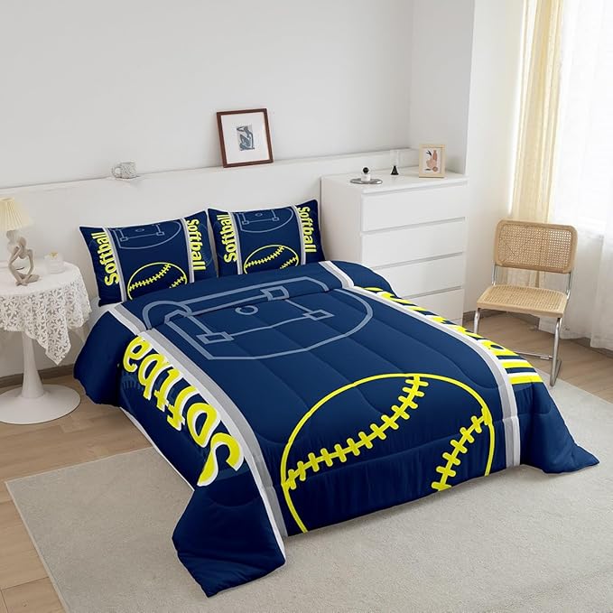 Feelyou Kids Softball Comforter Set Queen Size Sports Game Bedding Set for Boys Girls Teens Bedroom Decor Baseball Comforter Softball Gaming Theme Duvet Set with 2 Pillow Case - LeafyLoom