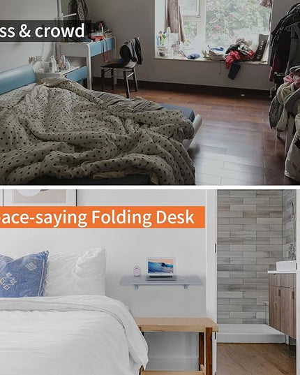 Folding Wall Desk, Wall Desk Fold Down Wall Mounted Desk for Small Space, Floating Desk, White, 35.4 x 15.8 inch - LeafyLoom