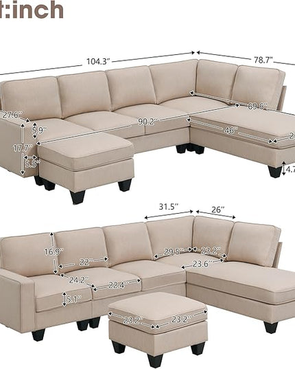 104" L-shaped Sectional Sofa, 7 Seater Couch Set with Chaise Lounge and Convertible Ottoman, Comfy Sectional Sofa for Living Room, Apartment, Office - LeafyLoom