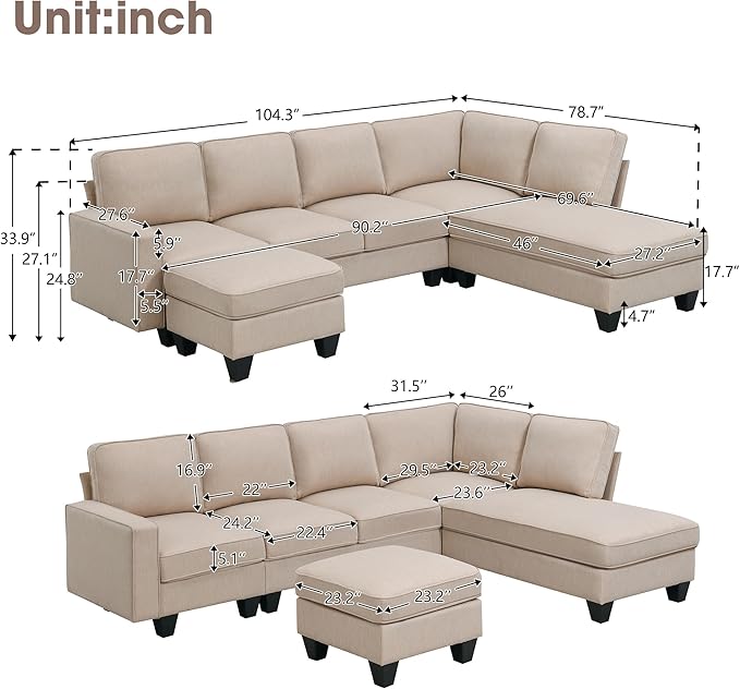 104" L-shaped Sectional Sofa, 7 Seater Couch Set with Chaise Lounge and Convertible Ottoman, Comfy Sectional Sofa for Living Room, Apartment, Office - LeafyLoom