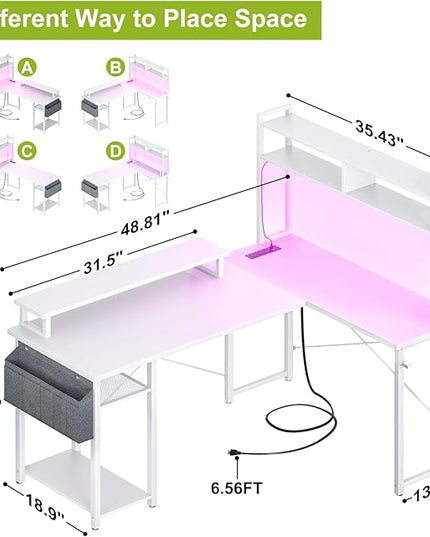 Small L Shaped Desk Gaming Desk with Power Outlets, 48" Reversible L Shaped LED Computer Desk with Monitor Stand & Storage Shelf, Corner Gamer Desk Home Office Desk with Storage Bag, White - LeafyLoom