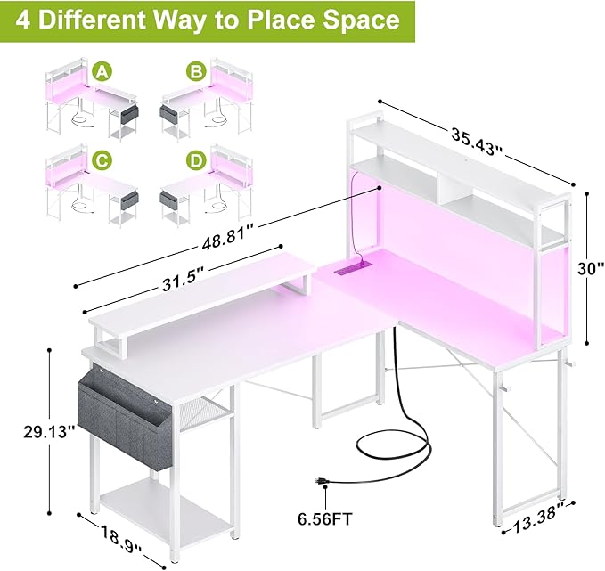 Small L Shaped Desk Gaming Desk with Power Outlets, 48" Reversible L Shaped LED Computer Desk with Monitor Stand & Storage Shelf, Corner Gamer Desk Home Office Desk with Storage Bag, White - LeafyLoom