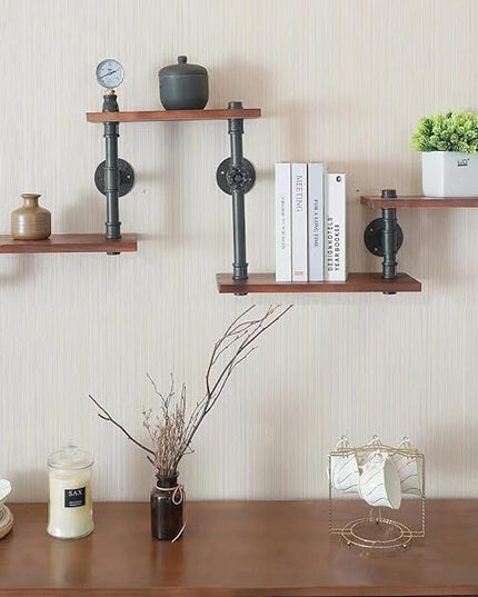 Industrial Rustic Modern Solid Wood Ladder Pipe Wall Mounted Floating Shelves – 4 Tiers Bookshelf,DIY Storage Shelving,Hung Bracket,Bookcases - LeafyLoom