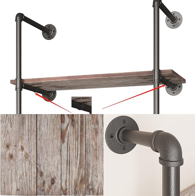 Yuanshikj (56" Tall Industrial Pipe with 31" Solid Wood Shelf/Shevles/Shelving Bookshelf/Bookcase Metal Iron Pipe Rustic Open DIY Display Wall Mounted for Living/Bed/Office Room Decor Storage - LeafyLoom