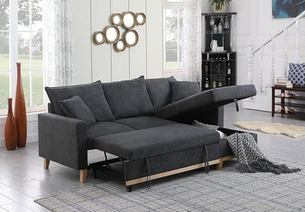 Reversible Sleeper Sectional Sofa with Storage Chaise, Convertible Woven 3 Seater Corner Couch Pull Out Bed, for Living Room Small Space, 84, Dark Gray-1 - LeafyLoom