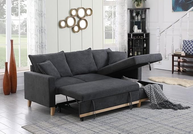 Reversible Sleeper Sectional Sofa with Storage Chaise, Convertible Woven 3 Seater Corner Couch Pull Out Bed, for Living Room Small Space, 84, Dark Gray-1 - LeafyLoom