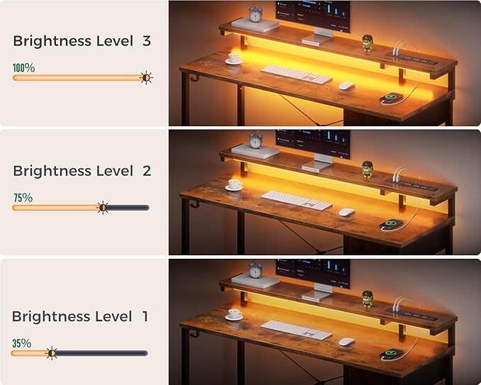 AODK Gaming Desk with LED Lights & Power Outlet, 48 Inch Computer Desk with Drawer, Reversible Desk with Adjustable Monitor Shelf & Headphone Hook for Home Office, Rustic Brown - LeafyLoom