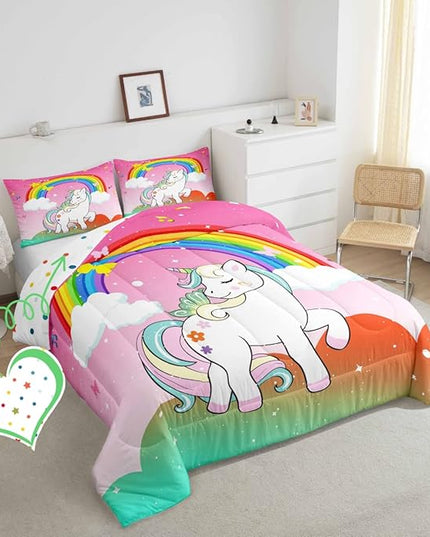 Girls Unicorn Comforter Set Full Size Kawaii Cute Unicorn Bedding Sets Ombre Starry Sky Down Comforter Cartoon Horse Quilt Colorful Rainbow Butterfly Reversible Comforters & Sets Bedroom Decor,3Pcs - LeafyLoom