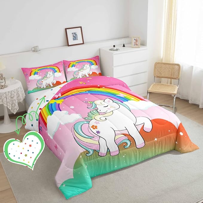 Unicorn Bedding Twin For Girls Kawaii Rainbow Unicorn Quilt Kids Galaxy Stars Comforter Set White Horse Floral Duvet Insert Fantasy Girls Room Decor Children Unicorn Reversible Pink With 1 Pillowcase - LeafyLoom