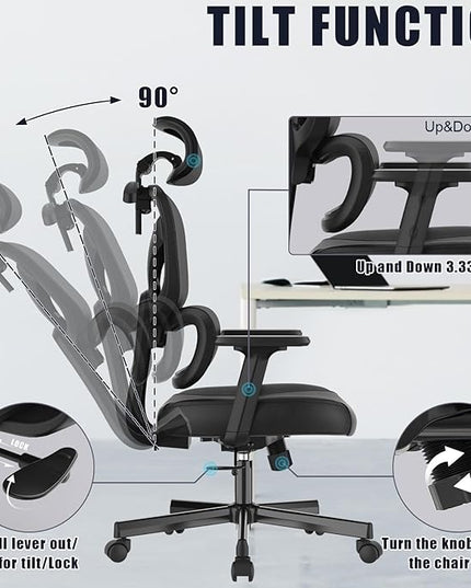 Office Chair, Ergonomic Desk Chair, High Back Desk Chair, Big and Tall Reclining Comfy Home Office Chair with Lumbar Support Breathable Mesh Computer Chair Adjustable Armrests - LeafyLoom