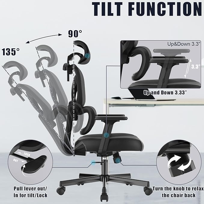 Office Chair, Ergonomic Desk Chair, High Back Desk Chair, Big and Tall Reclining Comfy Home Office Chair with Lumbar Support Breathable Mesh Computer Chair Adjustable Armrests - LeafyLoom