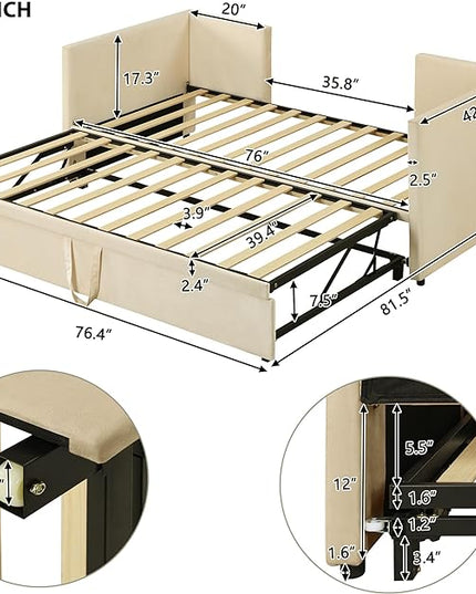 Bellemave Twin Size Upholstered Daybed with Pop up Trundle,Velvet Twin Daybed Frame,Twin to King Daybed,Day bed with Trundle Bed Twin,Tufted Sofa Bed Daybed,Bedroom,Living Room,Guest Room(Beige) - LeafyLoom