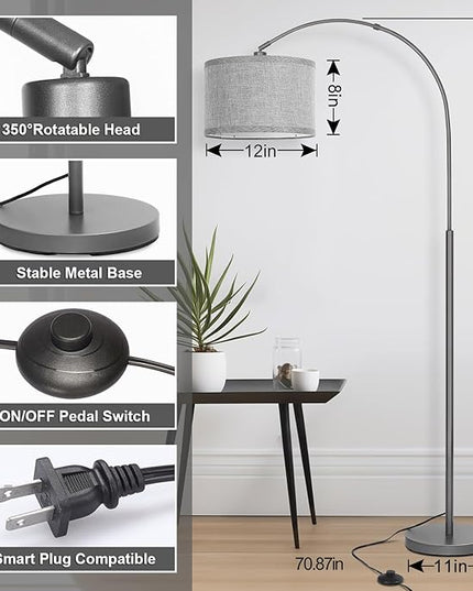 Arc Floor Lamp, Modern Floor Lamp for Living Room with Adjustable Lamp Head, Tall Pole Lamp with Gray Lampsahde and On/Off Pedal Switch, Over Couch Reading Light for Bedroom, Office, Study Room - LeafyLoom