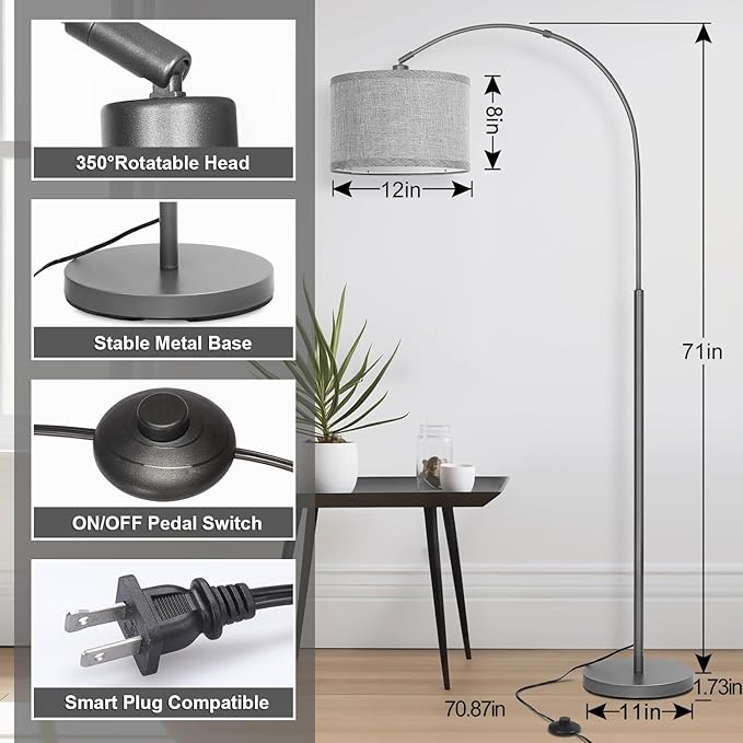 Arc Floor Lamp, Modern Floor Lamp for Living Room with Adjustable Lamp Head, Tall Pole Lamp with Gray Lampsahde and On/Off Pedal Switch, Over Couch Reading Light for Bedroom, Office, Study Room - LeafyLoom