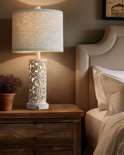 OYEARS 3-Way Dimmable 22'' Table Lamp Set of 2 for Living Room Bedroom Farmhouse Vintage Retro Bedside Lamps Touch Control with USB Ports Linen Shade for Home Office (Wash White, Bulb Included) - LeafyLoom