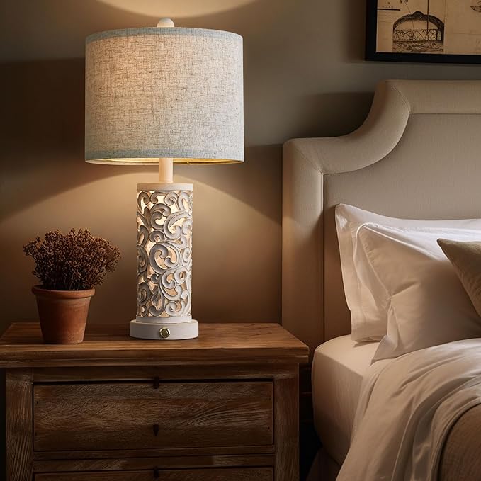 OYEARS 3-Way Dimmable 22'' Table Lamp Set of 2 for Living Room Bedroom Farmhouse Vintage Retro Bedside Lamps Touch Control with USB Ports Linen Shade for Home Office (Wash White, Bulb Included) - LeafyLoom