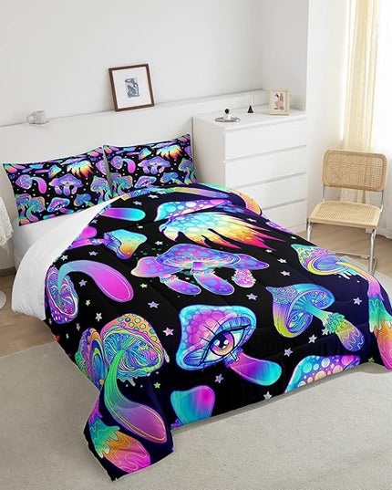 Mushroom Comforter Set Twin,Kawaii Trippy Botanical Bedding Set Psychedelic Plant Down Comforter For Kids Girls Teens Women Cartoon Cute Mushroom Room Decor Quilt Duvet Set With 1 Pillow Case Black - LeafyLoom