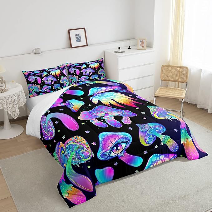 Mushroom Comforter Set Twin,Kawaii Trippy Botanical Bedding Set Psychedelic Plant Down Comforter For Kids Girls Teens Women Cartoon Cute Mushroom Room Decor Quilt Duvet Set With 1 Pillow Case Black - LeafyLoom