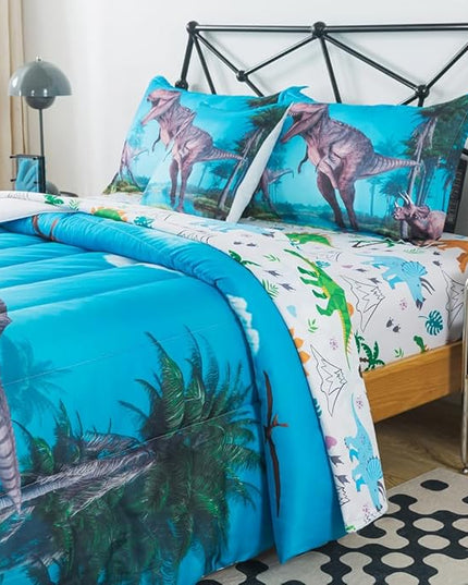 ADASMILE A & S Dinosaur Comforter Twin for Boys Dinosaur Twin Bedding Set for Kids 6 Pieces Dinosaur Comforter Set with Dinosaur Sheets Bed in A Bag T-Rex Dinosaur Comforter and Sheets Set Home Decor - LeafyLoom
