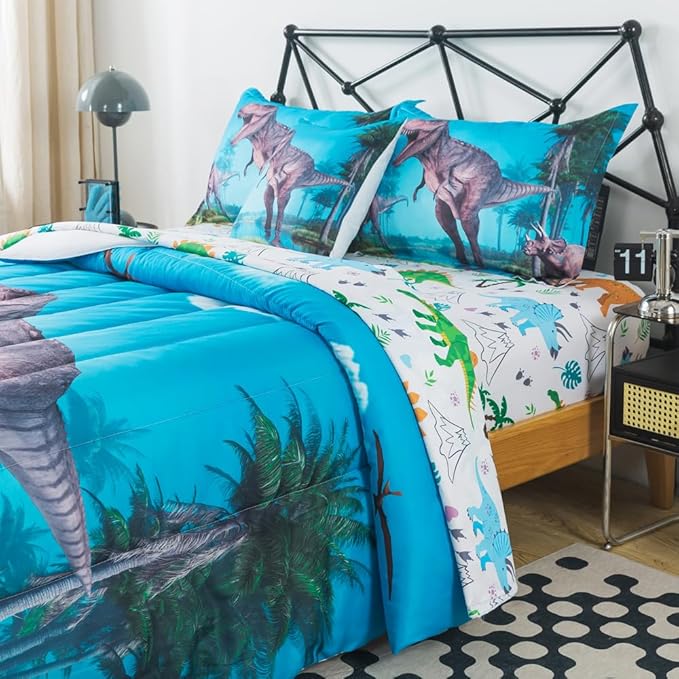 ADASMILE A & S Dinosaur Comforter Twin for Boys Dinosaur Twin Bedding Set for Kids 6 Pieces Dinosaur Comforter Set with Dinosaur Sheets Bed in A Bag T-Rex Dinosaur Comforter and Sheets Set Home Decor - LeafyLoom
