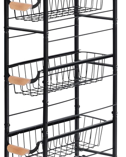 Slim Storage Cart, 4-Tier Narrow Rolling Cart，with Pull-Out Iron Basket, Sturdy Slim Storage Cabinet Iron and Wood Combination，Ideal for Kitchen, Bathroom, and Laundry Room, Black - LeafyLoom