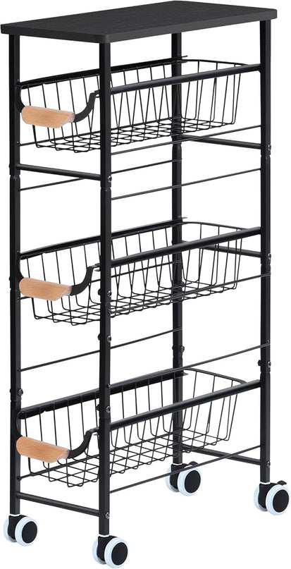 Slim Storage Cart, 4-Tier Narrow Rolling Cart，with Pull-Out Iron Basket, Sturdy Slim Storage Cabinet Iron and Wood Combination，Ideal for Kitchen, Bathroom, and Laundry Room, Black - LeafyLoom