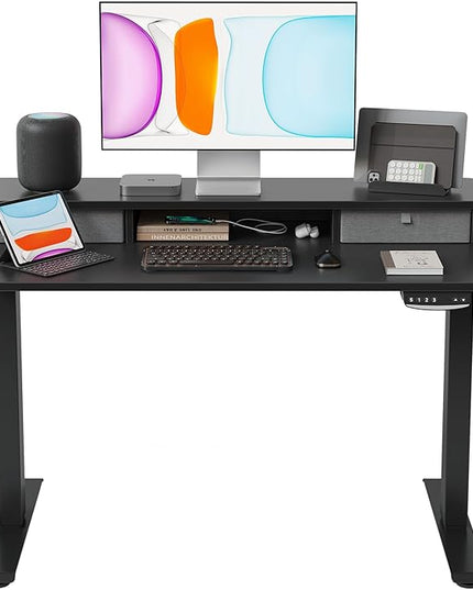BANTI 40x24 Inch Electric Standing Desk with Double Drawers, Adjustable Height Stand Up Desk, Sit Stand Home Office Desk with Storage Shelf, Black Top - LeafyLoom