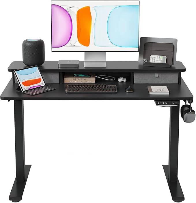 BANTI 40x24 Inch Electric Standing Desk with Double Drawers, Adjustable Height Stand Up Desk, Sit Stand Home Office Desk with Storage Shelf, Black Top - LeafyLoom